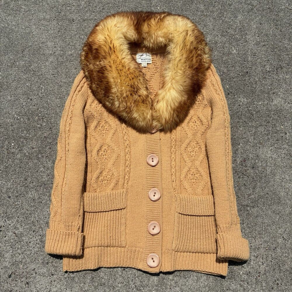Vintage 70s Wintuk Cable Knit Cardigan Sweater Faux Fur Collar Penny Lane Sz Med